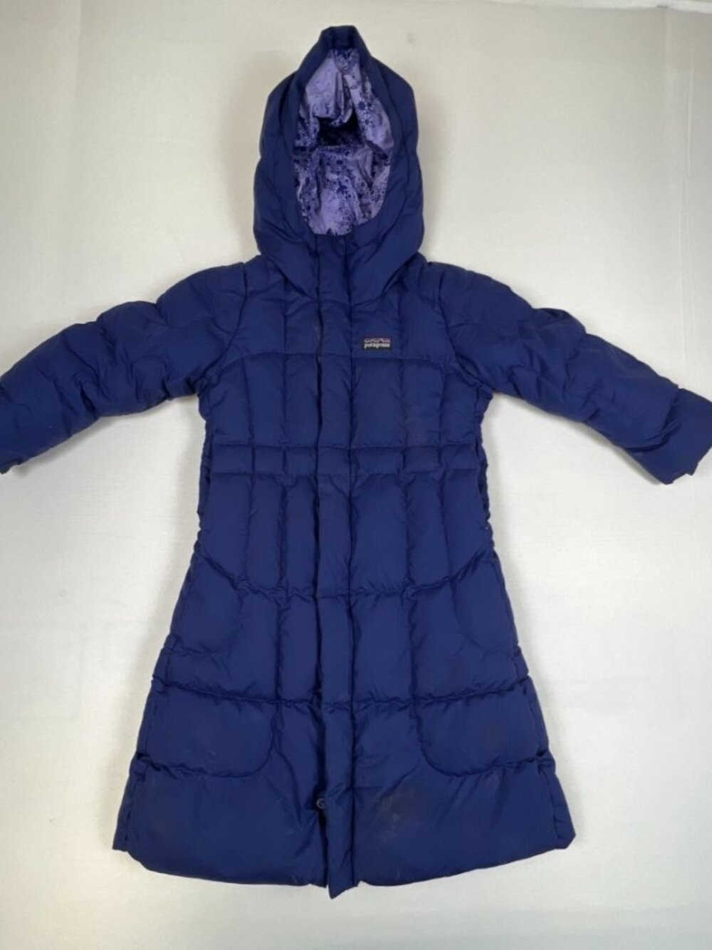 Patagonia Girl's XXS (3-4) Down Long Parka Puffer Jacket Blue Purple Floral